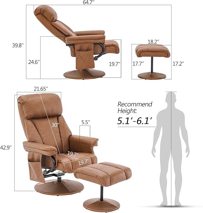 MCombo Swivel Recliner with Ottoman, TV Chair with Vibration Massage, Ideal for RV Small Space, Living Room & Bedroom 4539 4828 (Faux Leather, Saddle)