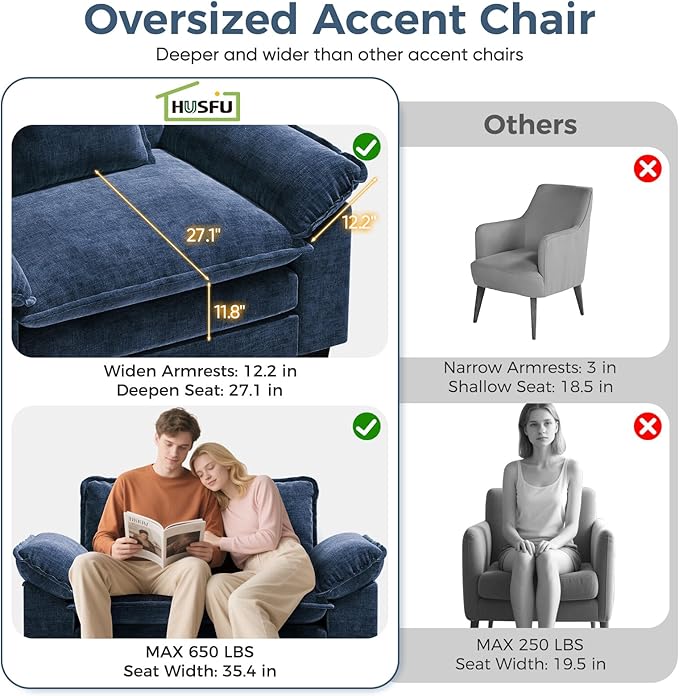 HUSFU Oversized Accent Chair with Ottoman, Chenille Cloud Couch Chair with Deep Seat and Extra Wide Armrests, Comfy Reading Armchair for Bedroom, Living Room, Set of 2, Blue