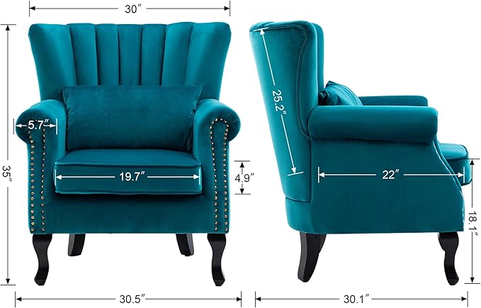 chairus Mid-Century Modern Accent Chairs Set of 2 Comfy Sofa Chairs Channel Back Armchairs with Small Pillow for Living Roon Bedroom Club - Velvet, Teal