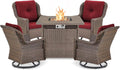 ACTREST Outdoor Patio Swivel Gliders with Fire Pit Table 5 Piece Set - High Back Brown Wicker Rattan Rocking Chair with Thick Cushion for Porch Apartment Deck Yard Poolside Garden - Red