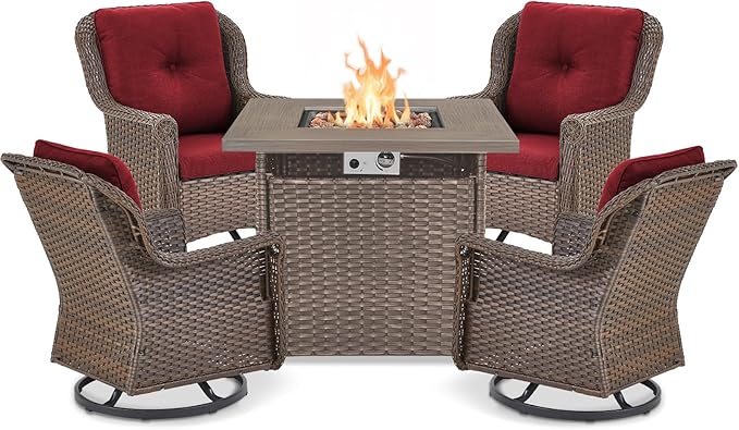 ACTREST Outdoor Patio Swivel Gliders with Fire Pit Table 5 Piece Set - High Back Brown Wicker Rattan Rocking Chair with Thick Cushion for Porch Apartment Deck Yard Poolside Garden - Red