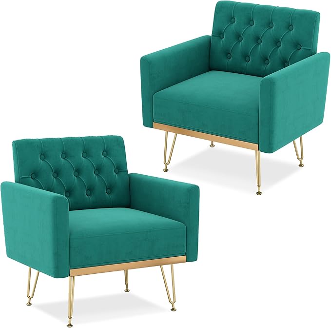 Accent Chair for Living Room, Comfy Oversized Velvet Upholstered Arm Chairs, Mid Century Modern Reading Single Sofa Side Chair with Tufted Back and Gold Legs for Bedroom (2, Green)