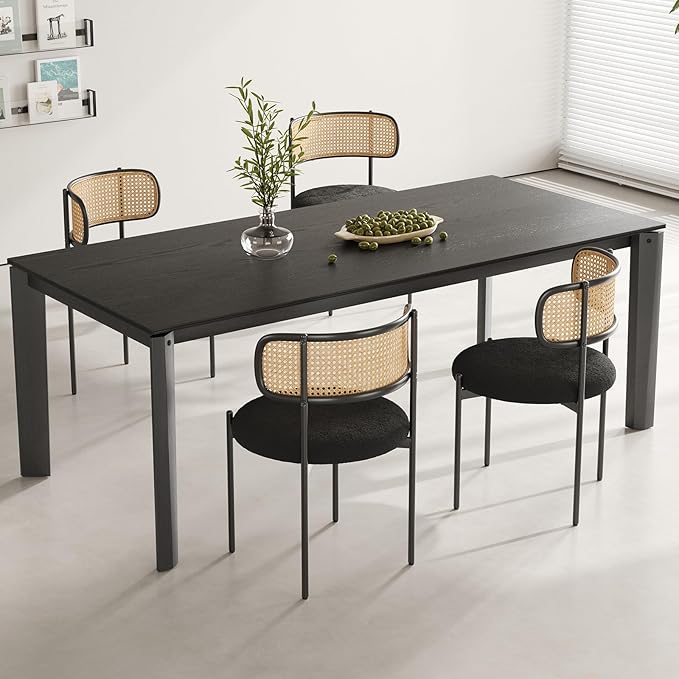 Farini Dining Chairs Set of 2,Mid-Century Modern Kitchen Chair Rattan Backrest Round Upholstered Sherpa Dining Chairs with Metal Legs,Black