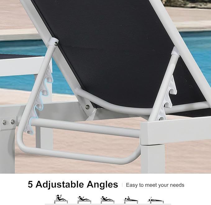 PURPLE LEAF Outdoor Chaise Lounge Set Elderly-Friendly Straight Legs Adjustable Sunbathing Recliner with Side Table for Back Support Poolside Beach Patio Lounge Chairs Navy Blue