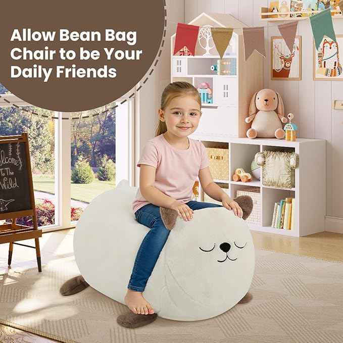 COMAX Bean Bag Chairs for Kids, Kid Beanbag Chair Cute Cat with Filler, Big Toddler Lazy Floor Stuffed Couch Sofa for Girls Boys, White