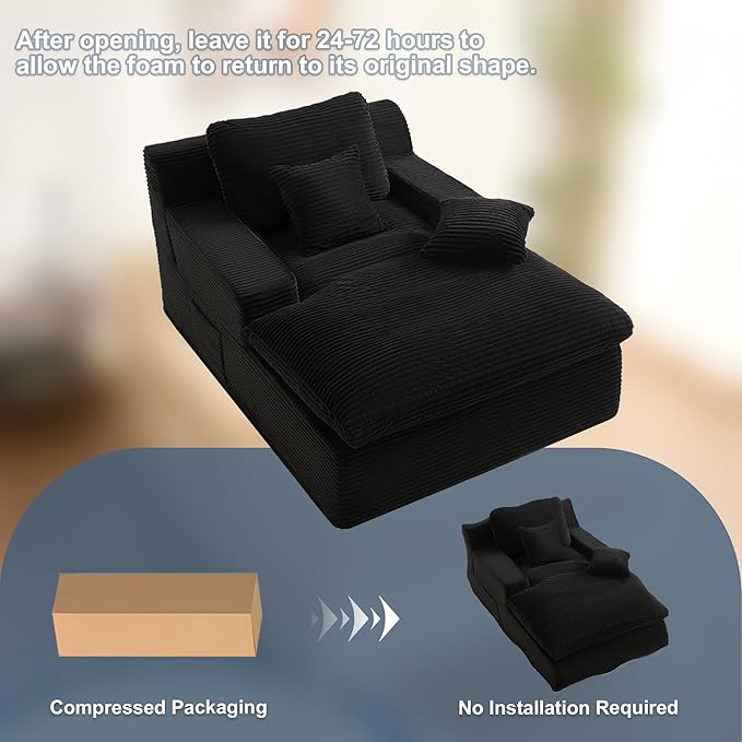 63" Oversized Boneless Chaise Lounge Chair, Extra Cloud Layer, Convertible Sleeper Sofa Couch with Removable Pillows & Side Pockets, Corduroy Upholstered Sofa Bed with Armrests for Living Room, Black