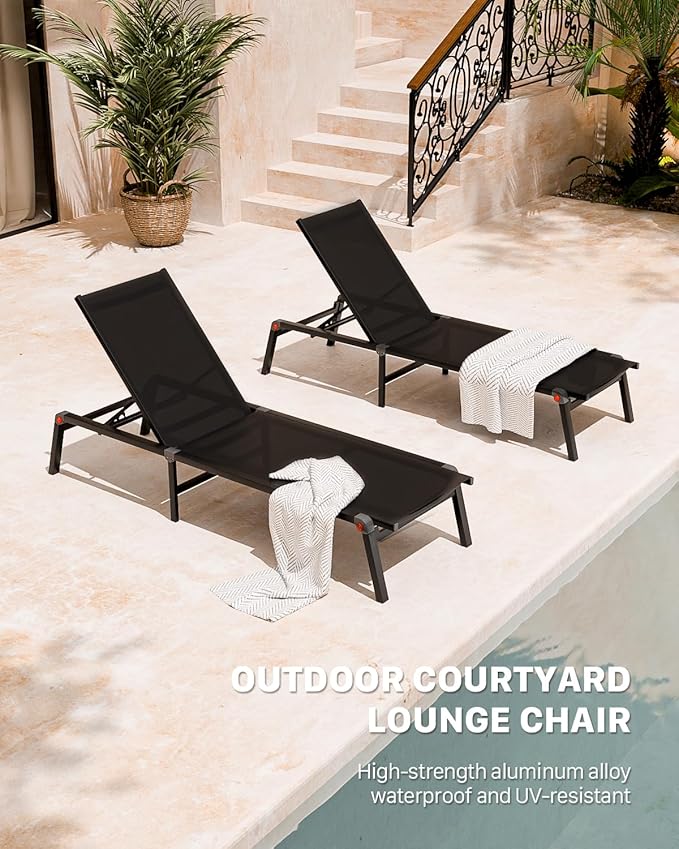 WOAJNQO Aluminum Patio Chaise Lounge Chair Set of 2 with Side Table,5-Position Adjustable Backrest,Foldable Lounge Chair Outdoor,Pool Lounge Chairs for Poolside,Lawn,Deck,Beach (Black, 2 Pack+Table)