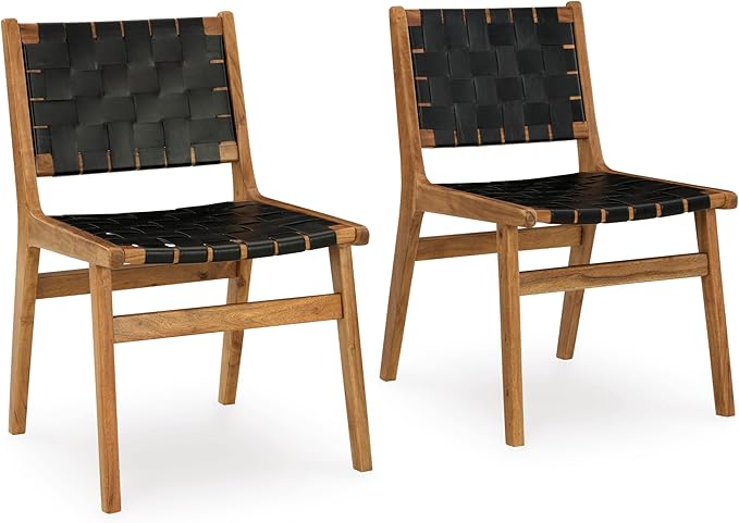 Signature Design by Ashley Fortmaine Modern Upholstered Armless Dining Chair with Open Back and Woven Leather Straps, Set of 2, Light Brown & Black