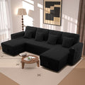 124" Sectional Sleeper Sofa with Pull Out Bed, Comfy Fluffy Plush Corduroy Cloud Sectional Couches for Living Room, U Shaped Modular Couch with Storage Chaise, Cup Holder & USB Charger, Black