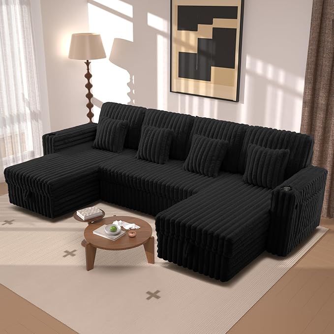 124" Sectional Sleeper Sofa with Pull Out Bed, Comfy Fluffy Plush Corduroy Cloud Sectional Couches for Living Room, U Shaped Modular Couch with Storage Chaise, Cup Holder & USB Charger, Black