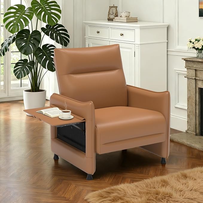 Upholstered Accent Sofas Set of 2, Modern Faux Leather Sofa Chairs with Hidden Foldable Tray & Side Pocket, Front Contour Arm Design, Small Accent Sofas for Small Spaces, Brown