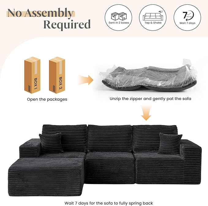 MODNEST 108" Modular Sectional Sofa Cloud Couch with Deep Seats, L Shape Couch with Chaise and Movable Ottoman, Sectional Couches for Living Room, Comfy Boneless Couches No Assembly Required, Grey