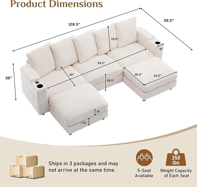 110" W x 60" D U Shape Sectional Sofa with USB Charging & Cup Holder & Storage, 5 Seater Plush Corduroy Couches with Movable Ottoman, Cloud Couch Sofas for Living Room, DIY Combination - Beige White