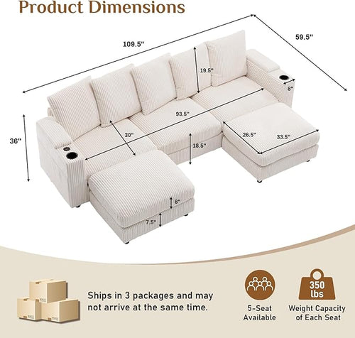 110" W x 60" D U Shape Sectional Sofa with USB Charging & Cup Holder & Storage, 5 Seater Plush Corduroy Couches with Movable Ottoman, Cloud Couch Sofas for Living Room, DIY Combination - Beige White