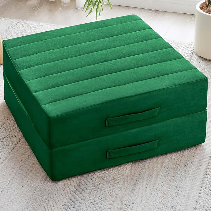 JKMAX 2 Pcs High Density Foam Floor Pillow - Upgraded Large Pillows Seating for Adults - Outdoor Floor Cushion with Soft Tufted Cover - Yoga Pillows for Sitting On Floor - 22 Inch Green