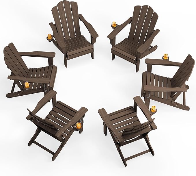 KINGYES Folding Adirondack Chair Set of 6, HDPE All-Weather Folding Adirondack Chair, Coffee