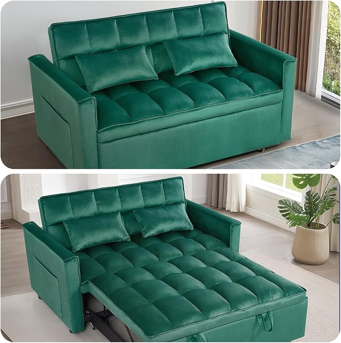 3 in 1 Convertible Sleeper Sofa Bed, Futon Couches for Living Room with Side Pocket | Adjustable Backrest| Velvet Fabric | Pull Out Couch | Love seat Sofa|2-seat Sofa Bed (Green)