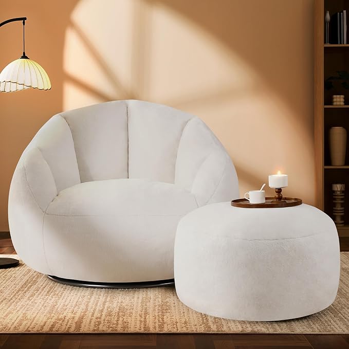 Swivel Giant Bean Bag Chair for Adults with Ottoman - Comfy Plush Round Shell Soft Accent Chaise Lounge Indoor Chair, Oversized Cozy Floor Sofa for Living Room, Bedroom & Game Rooms, Beige