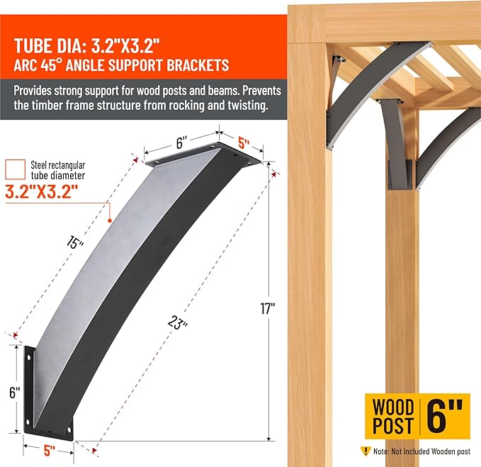 Uphode Heavy Duty Integrated Arc 4''x4''(Actual Tube Dia: 3.2''x 3.2'') 45 Degree Angle Support Pergola Brackets Q235-Steel 8Pack