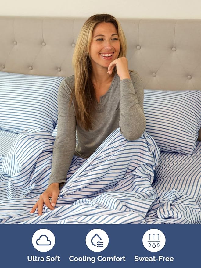 Extra Deep Pocket Cal King Sheets - 4 Piece Breathable & Cooling Bed Sheets - Hotel Luxury Bed Sheet Set - Soft, Wrinkle Free & Comfy - Easily Fits Extra Deep Mattresses - Blue Striped Sheets Set