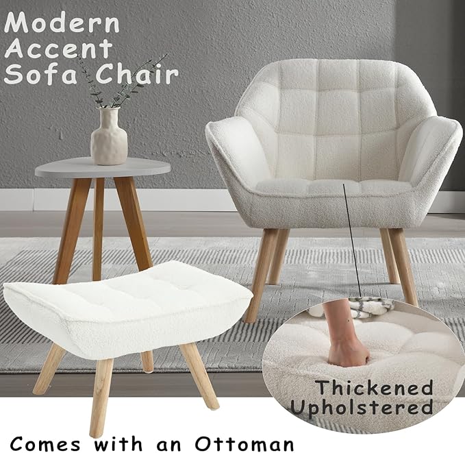 ZH4YOU Sherpa Accent Reading Chair with Ottoman, Modern Fuzzy Chair with Ottoman Upholstered Armchair with Wood Legs Comfy Lounge Chair for Small Spaces Living Room Bedroom Book Nook, White