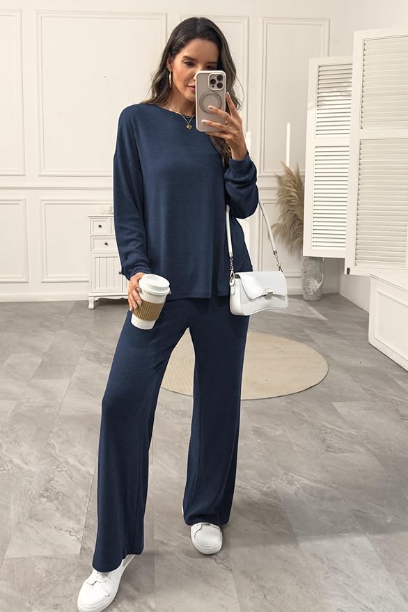 AmazingStar Womens Lounge Set 2025 Fall 2 Piece Outfits Long Sleeve Tops Wide Leg Long Pants Cozy Matching Sets Clothing
