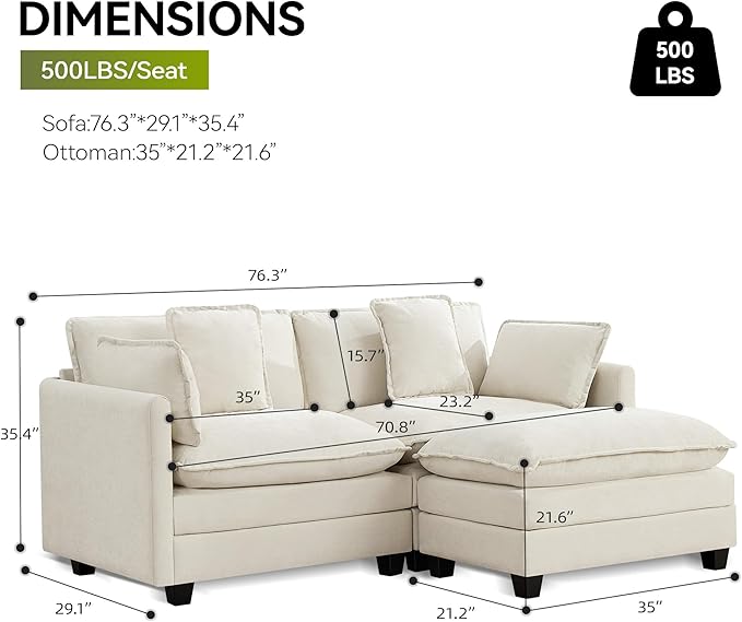 UMBFUN Cloud Couch Loveseat with Ottoman, Oversized Comfy Modular Sectional L Shaped Sofa with Deep Seat Cushions, Chenille 2-Seater Lounge Set for Living Room, Beige