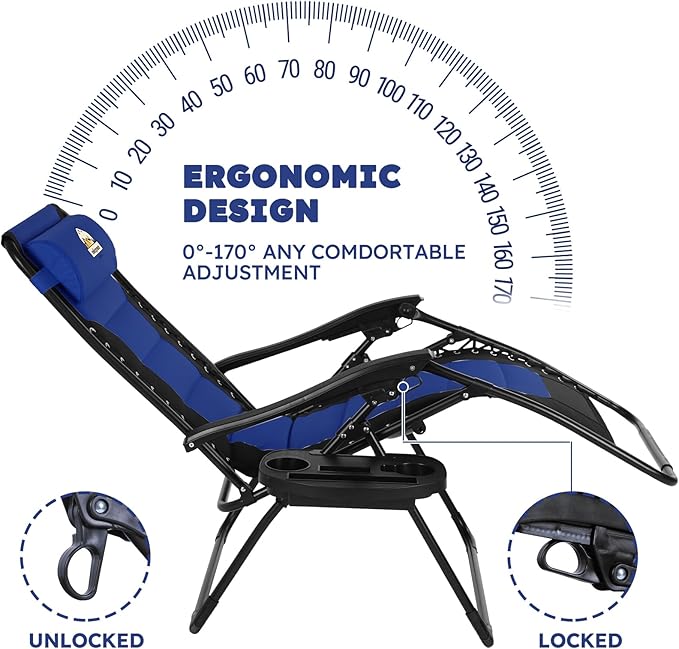 Colegence Oversized Padded Zero Gravity Lounge Chair, Foldable Patio Anti Gravity Reclining Chairs Folding Lawn Recliner with Cup Holder for Yard, Camping, Outdoor, Support 350 LBS, Blue