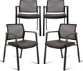CLATINA Stackable Office Chair, Mesh Back Guest Chairs with Comfortable Leather Seat Arms Stacking Ergonomic Desk Chair No Wheels for Conference Waiting Reception School Stationary, Black, Set of 4