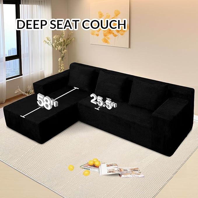 ANONER 103" L-Shaped Sofa Bed Cloud Couch, Modular Sectional Corner Sofa with Deep Seat, Modern Minimalist Boneless Couch with Chaise, Free Combination Couches for Apartment (Black)