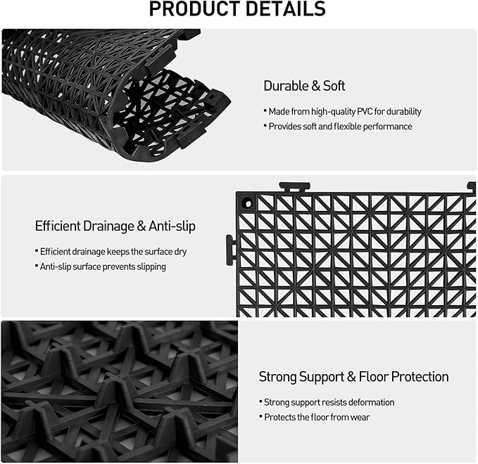 MAXWAVE 18 Pack 12" x 12" Modular Interlocking Floor Mats, Soft PVC Non-Slip Drainage Tiles, Splicing Rubber Cushion Flooring for Deck, Shower, Pool, Basement, Shed, Indoor and Outdoor Use