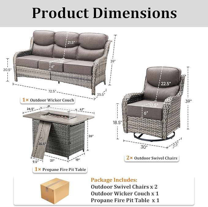 Pugire Luxury High Back Patio Furniture Set with Fire Pit Table & 6-Inch Thick Cushions, 4-Pieces Outdoor Furniture with Swivel Chairs, Wicker Conversation Set for Porch, Balcony, Deck and Yard