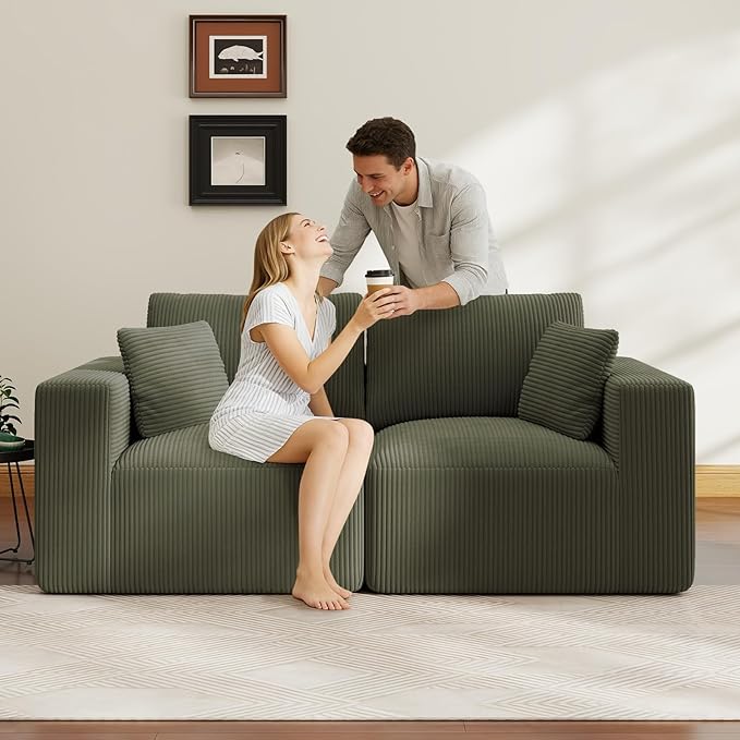 79" Modular Sectional Sofa, Cloud Couch Loveseat Memory Foam Boneless Couch with Chaise, Cozy Upholstered Corduroy Floor Couch, No Assembly Required Living Room Furniture for House Home, Green