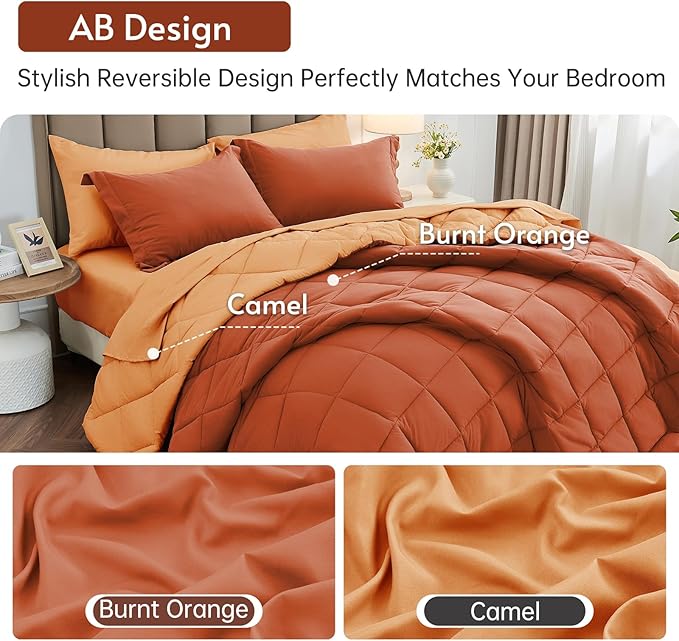 MUXHOMO 7 Pieces California King Comforter Set, Reversible Bed in a Bag Cal King Size, All Season Bedding Set with Comforter, Flat Sheet, Fitted Sheet, Pillowcases & Shams, Burnt Orange & Camel