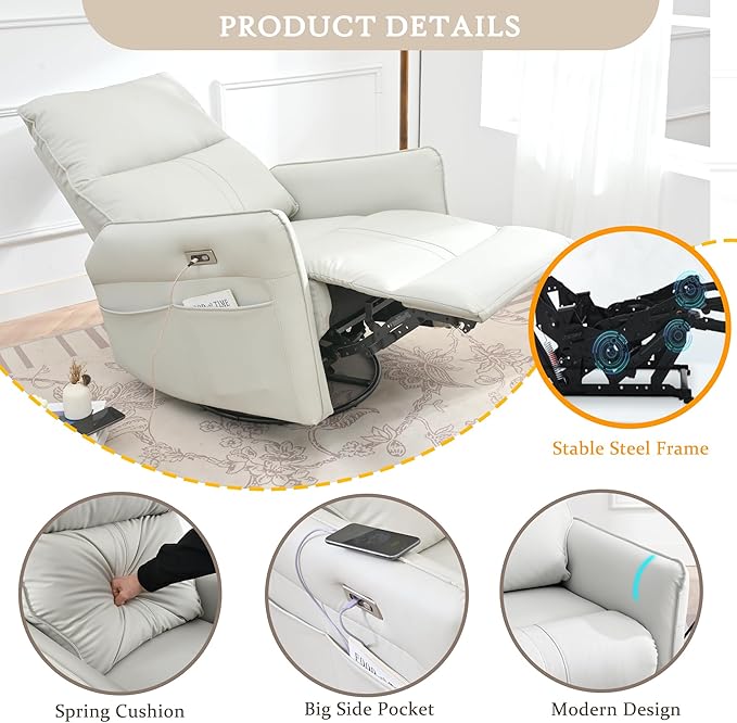 QKFF Power Swivel Rocker Recliner Chair for Nursery, Upholstered 270° Swivel Glider Rocker Chair with USB Ports, Small Power Recliners for Small Spaces Living Room (Light Grey)