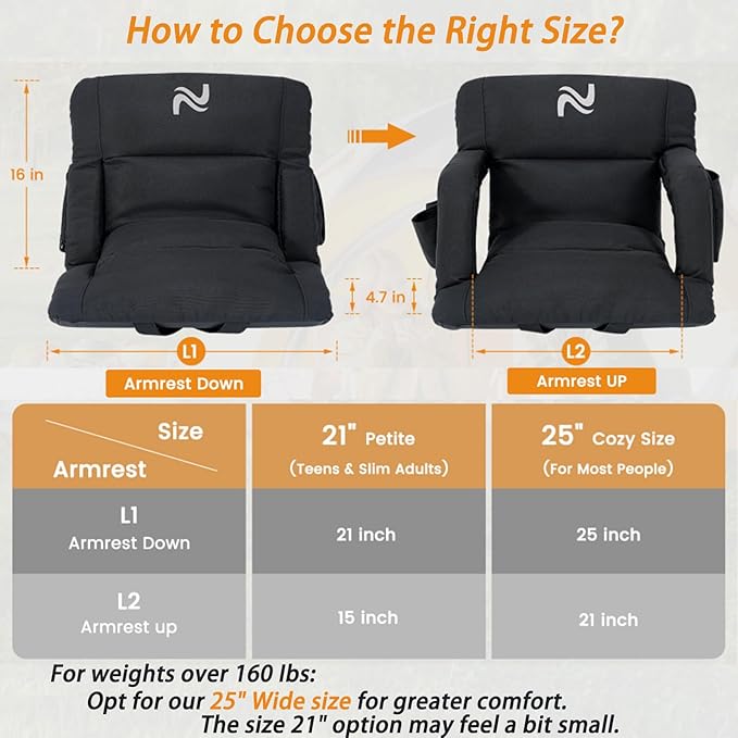 LILYPELLE Wide Stadium Seats with Back Support, Thick Bleacher Chairs with Comfy Cushion, 6 Reclining Positions Stadium Chair Bleacher Chairs with Armrests, Ultimate Comfort for Sports Events