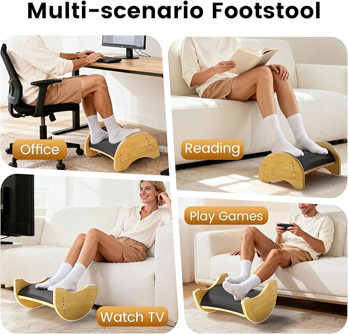 Bamboo Ergonomic Footrest Under Desk, Adjustable Rocking Foot Rest with Cushion, 6 Height Levels, Non-Slip Wooden Foot Rest for Office & Home Work
