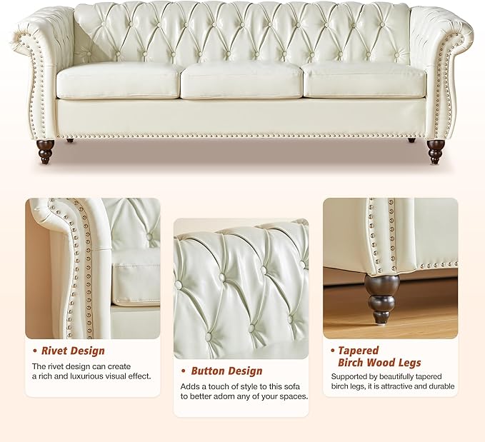 QHITTY Accent Large Sofa, Chesterfield Couch 3 Seater Modern Leather Couch Upholstered Sofa with Tufted Back for Living Room Furniture (White)