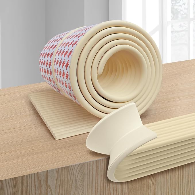 PUSHUJIA W Wide Edge Protector Strip Extra Thick Baby Proofing Bumper Guard with Strong Adhesive Child Safety for Table Desk Bed Cabinet Furniture in Home and Nursery (Beige White)
