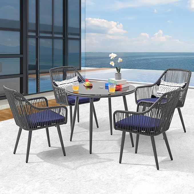 Patiorama Outdoor Dining Chairs, Patio Dining Chair Set of 4, All-Weather Woven Rope Rattan Chairs, Outdoor Dining Wicker Chair with Armrests for Indoor Balcony Pool Backyard(Blue)