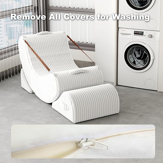 Gaint Bean Bag Chairs for Adults, Beanbag Lounge Filled with Memory Foam, Adjustable Angle, Corduroy Fabric, with Detachable Footrest for Bedroom, Living Room and Nursery(White)
