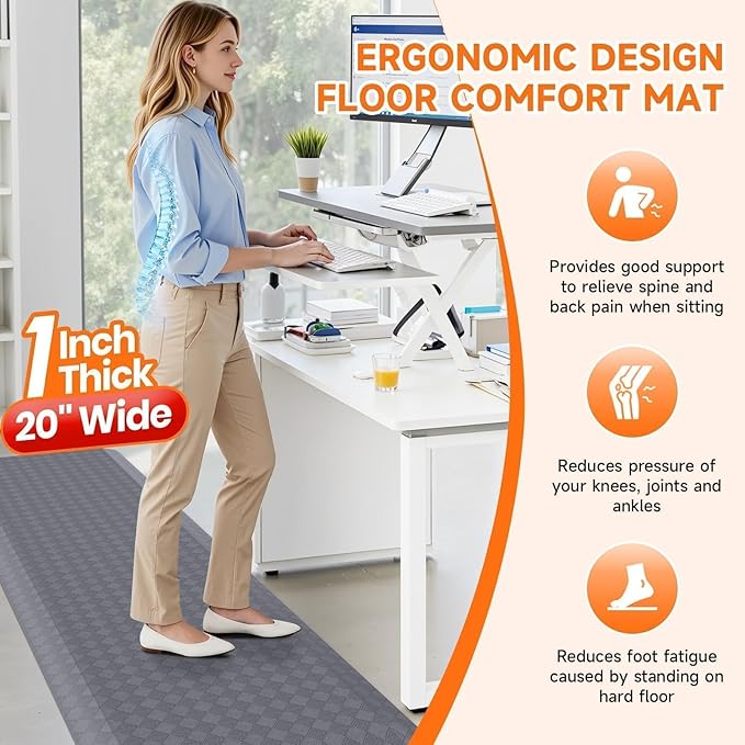StepRite 1” Thick Kitchen Mats for Floor, Anti Fatigue Kitchen Rugs, Non-Slip,Heavy Duty Waterproof Kitchen Rug, Standing Desk Mat, Gifts for Friends, Family, Home, Kitchen, Office (72" x 20", Grey)