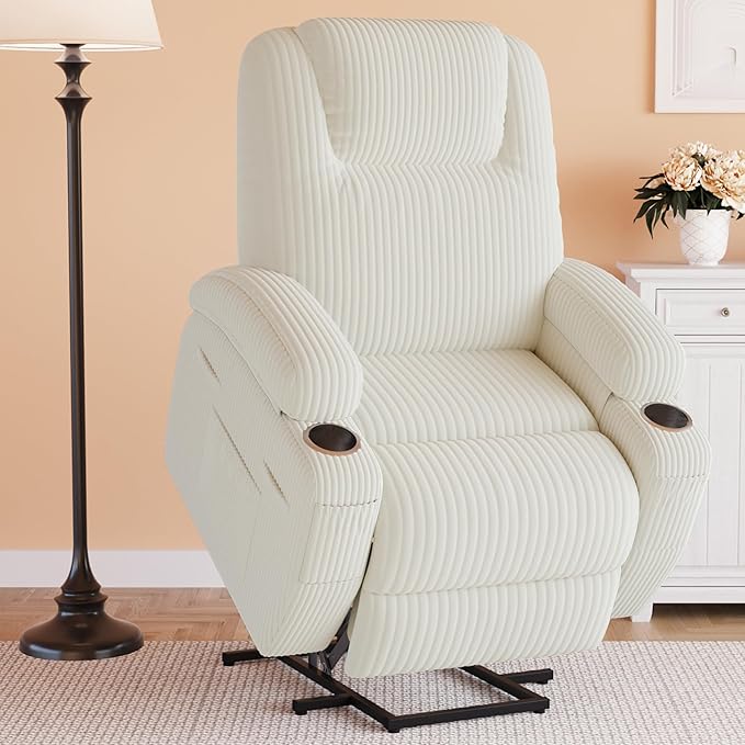 Flamaker Power Lift Chair Massage Recliner Chairs for Elderly, Corduroy Ergonomic Design with Cup Holders & Side Pockets, Remote Control (White)