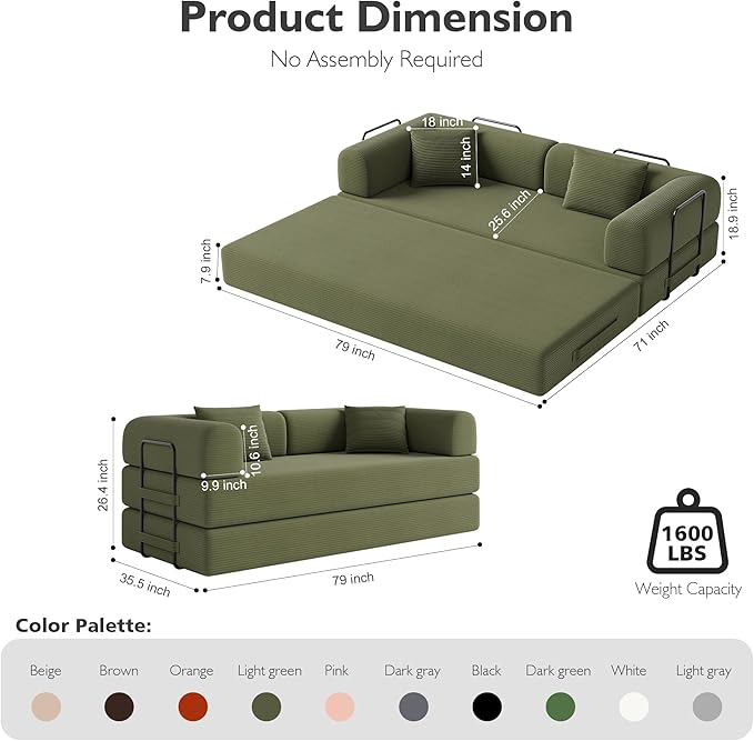 79 Inch 5-in-1 Convertible Sofa Bed, Corduroy Boneless Floor Couch with Fixed Frame & Pillow, Modular Folding Mattress Lounger for Small Space, Living Room, Bedroom - Easy Assembly(LIGHT GREEN)