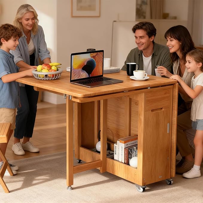 Folding Drop Leaf Dining Table with 2 Storage Space and 4 Lockable Wheels, Convertible Dining Table cart for Small Spaces Dining Room. (Wood)