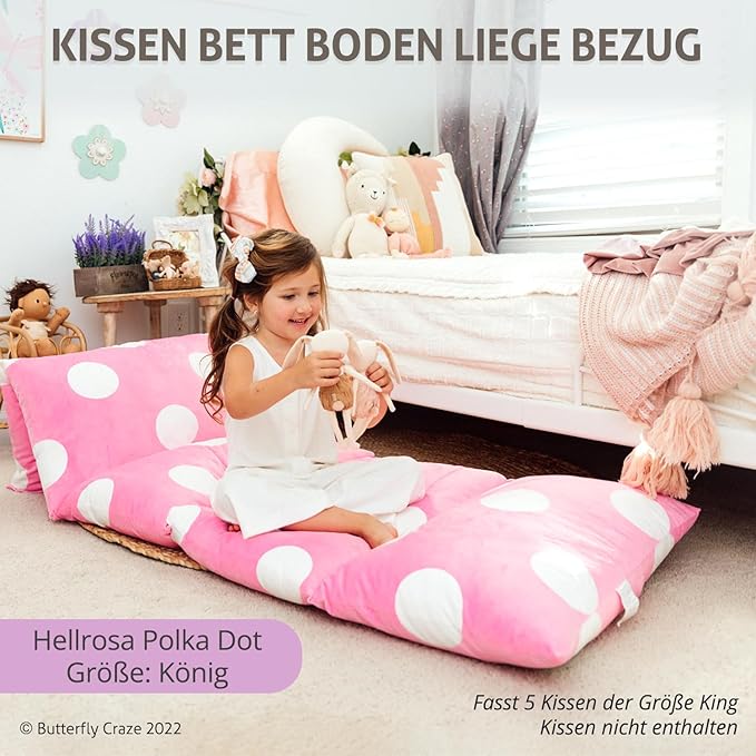 Butterfly Craze Floor Pillow Case, Mattress Bed Lounger Cover, Polka Pink, King Size - Cozy Seating Solution for Kids & Adults, Recliner Cushion, Perfect for Reading, TV Time (Pillow Not Included)
