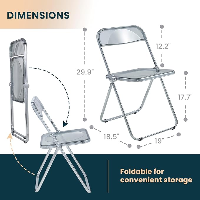 LeisureMod Lawrence Modern Clear Acrylic Folding Chair with Metal Frame, Space-Saving Transparent Seating for Dining Room, Home Office, Bedroom, Vanity or Small Spaces, (Transparent Black, Set of 2)