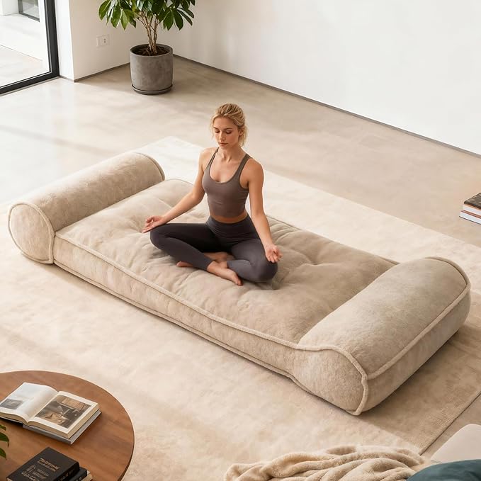 Dineli 83'' Lazy Floor Lounger Meditation & Yoga Chair Couch Recliner Sofa Bed Floor Seat for Adults Indoor Reclining Chairs Bed Comfy Chair Couch for Bedroom Living Room, Camel