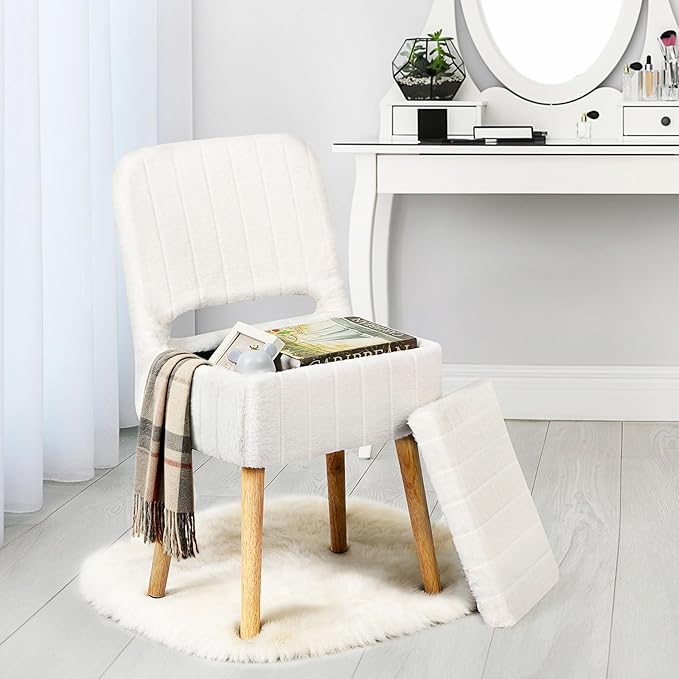 Vanity Stool Chair with Storage and Folding Backrest, White Soft Faux Rabbit Fur Upholstered Footstool, 4 Solid Wood Legs with Anti-Slip-Scratch Foot Pads, Furry Padded Seat for Makeup, Bedroom