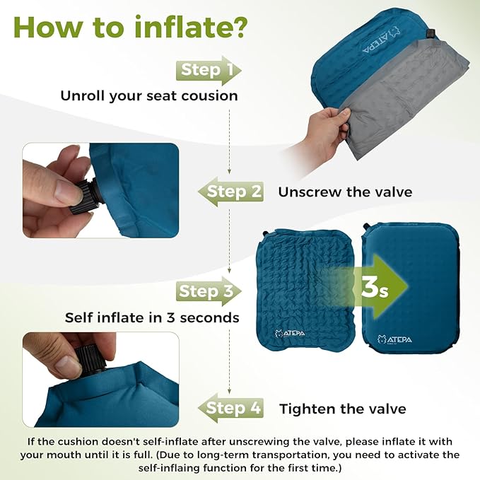 ATEPA Inflatable Seat Cushion, Self-Inflating Portable Stadium Airplane Travel Foam Cushion Pad for Camping, Sports Events, Outdoor